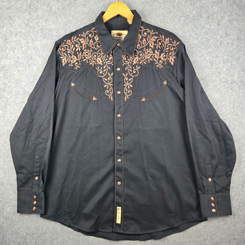 Larry Mahan Western Shirt Mens XL Black Embroidered Pearl Snap Cowboy Rodeo